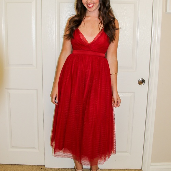 red tulle midi dress